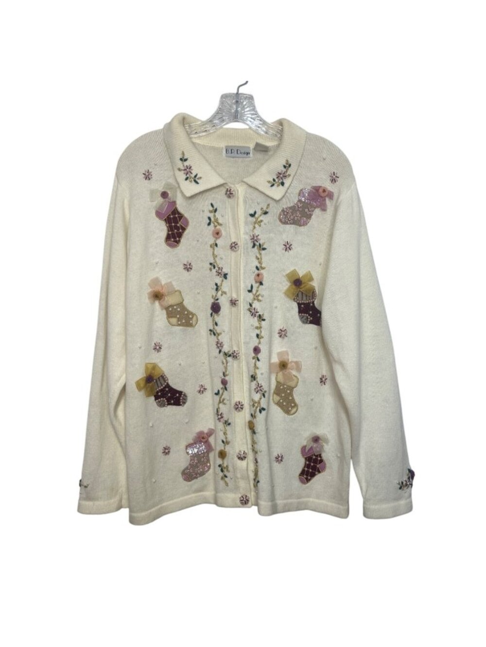 VTN BP Design Christmas Cardigan Sweater Large Cream Embroidered